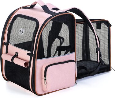 Розширюваний рюкзак для кішок рюкзак для собак для кішок до 8 кг, великий рюкзак для кішок складаний рюкзак для домашніх тварин з внутрішнім повідцем і килимком для домашніх тварин, рожевий рожевий (до 8 кг) розширюваний-сітчасте вікно (L)