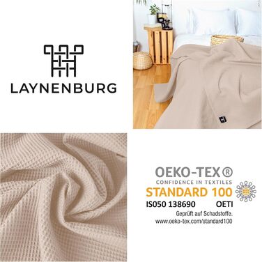 Плед LAYNENBURG Premium 180x220 см - вафельна тканина, 100% бавовна. Легкий плед з вафельною текстурою для ліжка, дивана, софи. Колір: бежевий