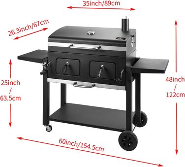XXL вугільний гриль Grillwagen з кришкою, коптильня, гриль з колесами, ручка з нержавіючої сталі, грати, термометр, підлоговий гриль, 154.5 x 89 x 122 см