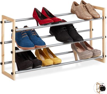 Висувна полиця для взуття, відкрита полиця для взуття з 2 рівнями, дерево та залізо, розширюється до ширини до 118 см, натуральна (3 рівні)