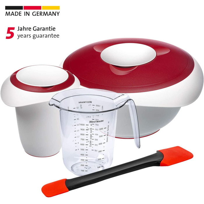 Набір для приготування та випічки Westmark Duo 4 предметів: каструля з кришкою 1 л, миска для замішування 3,5 л з кришкою, мірна склянка 1 л, лопатка для тіста, пластик/силікон, прозорий/білий/червоний/чорний