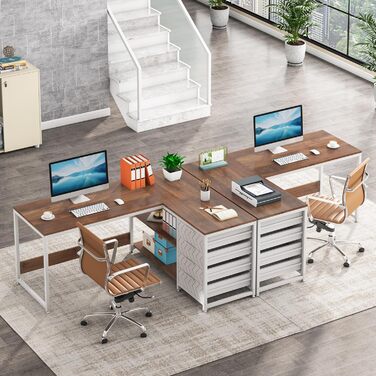 Письмовий стіл Tribesigns L-подібний з 4 висувними ящиками, комп'ютерний стіл з 2 полицями, кутовий стіл з місцем для зберігання для офісу, кабінету, вітальні, 150×110×75 см (горіх & білий)