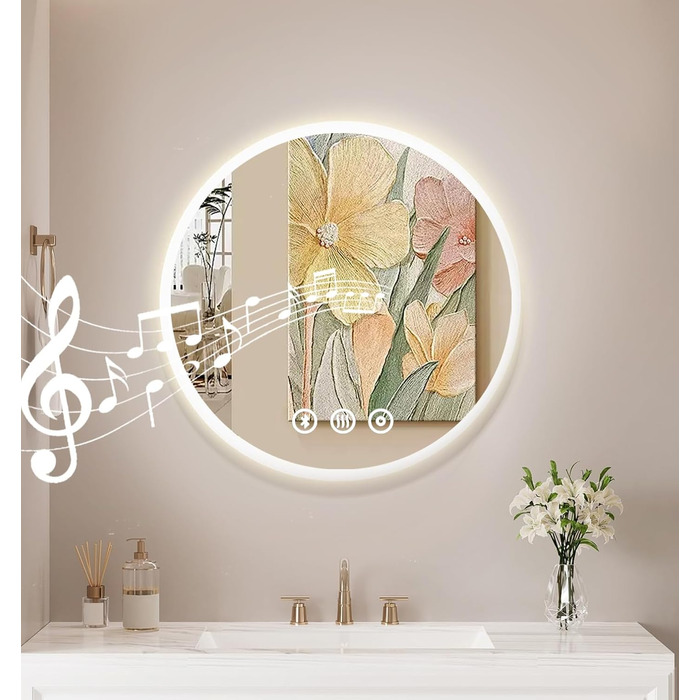 Дзеркало для ванної кімнати Habison з підсвічуванням 70x70 см LED, з годинником, сенсорним вимикачем, регулюванням яскравості, захистом від запотівання, 3-х кратним збільшенням, Bluetooth