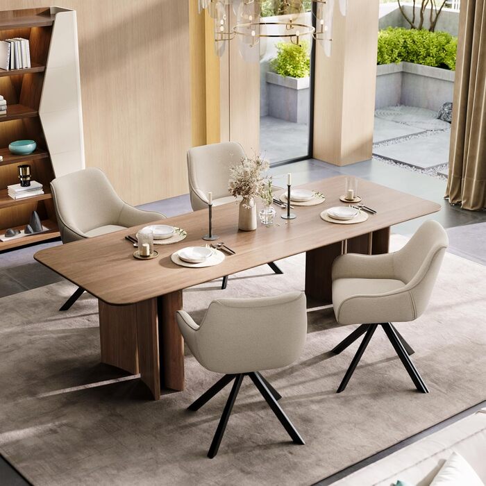 Набір обідніх стільців 6 шт. з підлокітниками, поворотні на 360°, з м'яким сидінням з льону, сучасний дизайн, металевий каркас, для кухні, вітальні, офісу, бежевий, 6 шт.