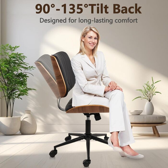 Крісло офісне без підлокітників Clatina з роликами, регульоване по висоті, шкіряне, поворотне, для комп'ютера, середньою спинкою, сучасний стиль горіх, для home office, робочого кабінету, конференц-залу, біле (чорне), 1 шт.