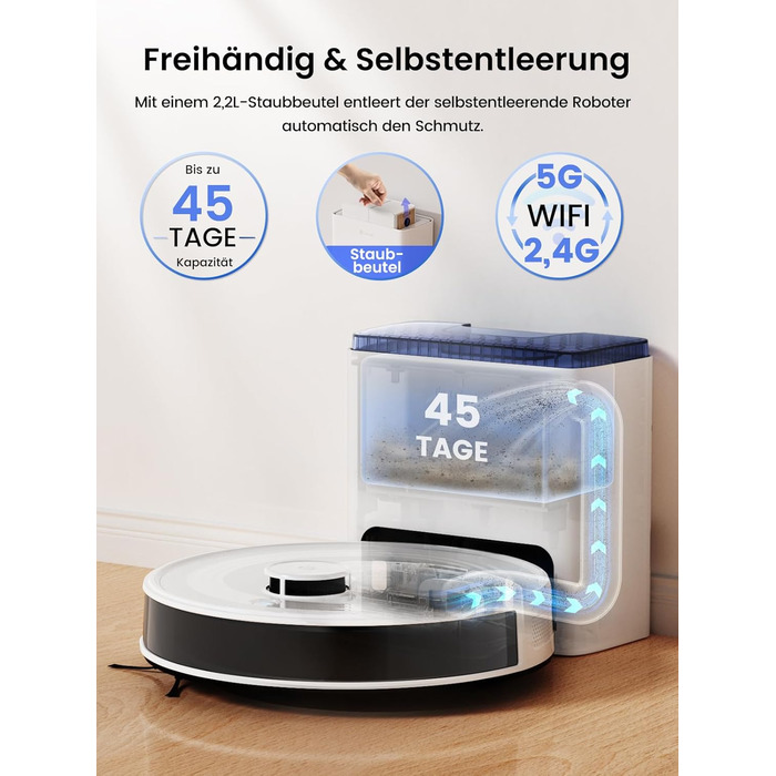 Робот-пилосос LEFANT M2Plus з функцією миття підлоги, 6000Pa, LiDAR-навігація, самоочищення, для видалення шерсті тварин, білий (M2L Plus)