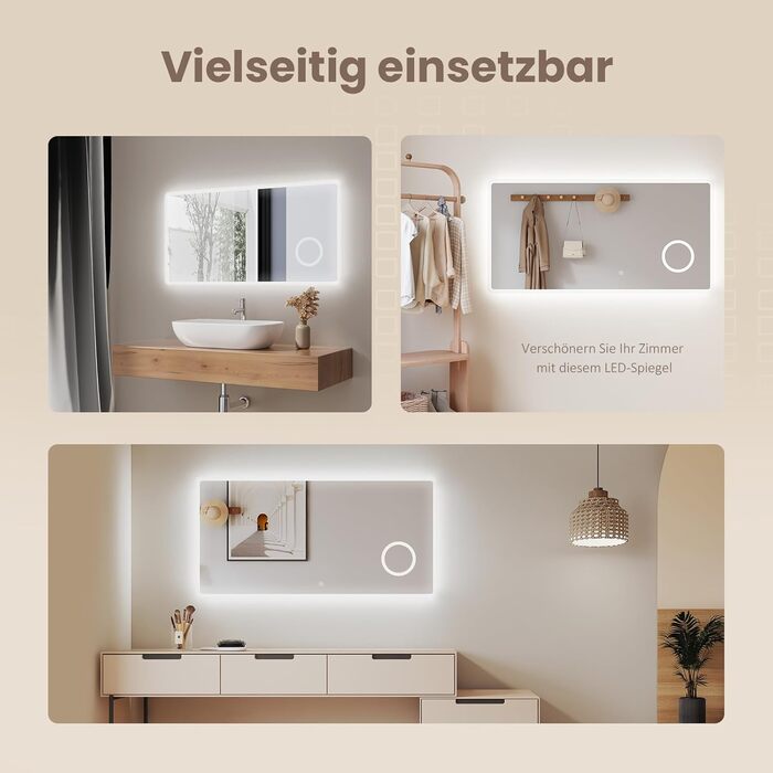 Дзеркало для ванної кімнати EMKE з підсвічуванням 100x60 см, LED, 3x косметичне дзеркало, 6500K, сенсорне, IP44, енергозберігаюче