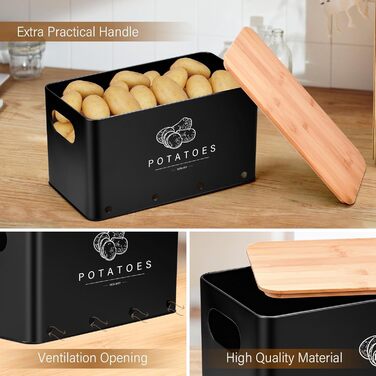 Набір контейнерів для зберігання картоплі, цибулі та часнику (3 шт.), бамбуковий кришка, чорний колір