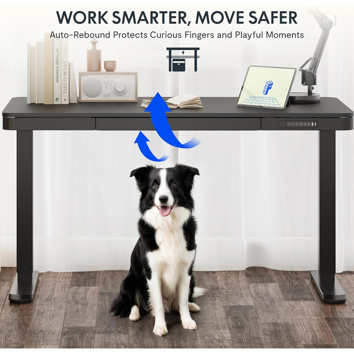 Електричний регульований стіл FLEXISPOT з підйомною функцією, USB-порт, ящик для зберігання та скляною стільницею (сніжно-білий), 140 x 70 см, Luxusschwarz