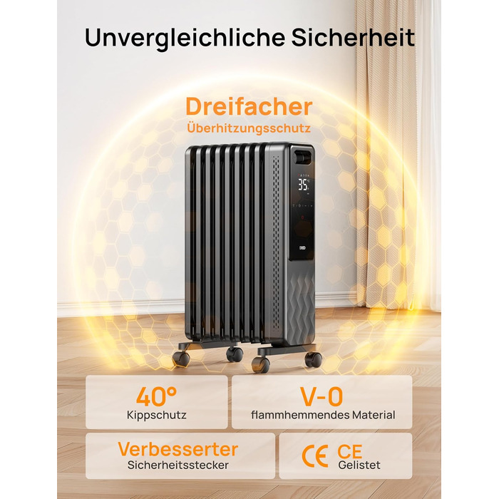 Електричний масляний радіатор Dreo OH310, 2000W, з пультом керування, 9 ребер, термостат, таймер, захист від перегріву та перекидання