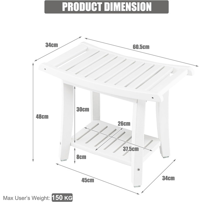 Двомісний стілець для душу HOMASIS з полицею, до 170 кг, HDPE, з ручками та антиковзними накладками, для літніх людей та дорослих (білий)