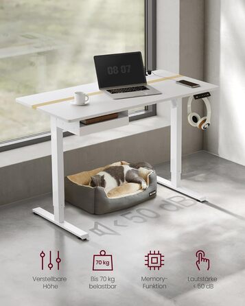 Електричний регульований стіл VASAGLE 120x60 см, білий + горіховий, з пам'яттю висоти, з розетками та ящиком
