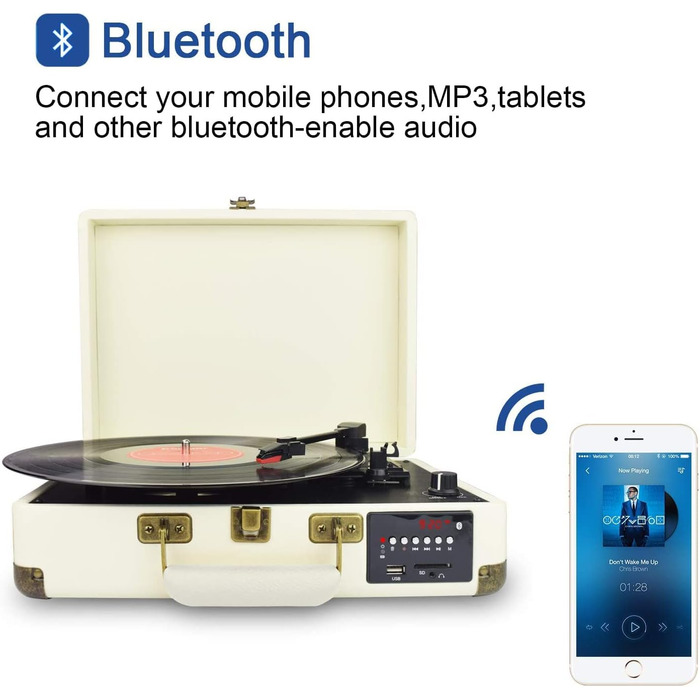 Вініловий програвач DIGITNOW! Bluetooth з вбудованими стерео-динаміками, підтримкою USB, SD, записом, 3 швидкостями (33/45/78 об/хв), радіо AM/FM, AUX, RCA-вихід