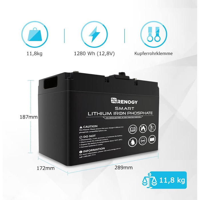 Розумна літієва сонячна батарея Renogy 12V 100Ah LiFePO4, Bluetooth, 4000 циклів, струм розряду 100 А, термін служби 10 років