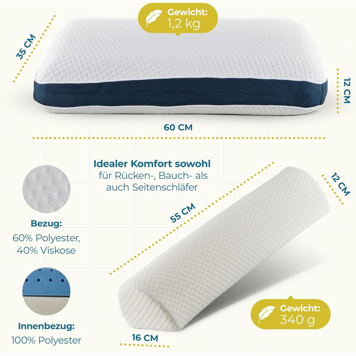 Ортопедичні подушки для шиї та колін [The Flow Pillow] 2 шт. з Memory Foam - для сну на спині та боці, проти болю в шиї