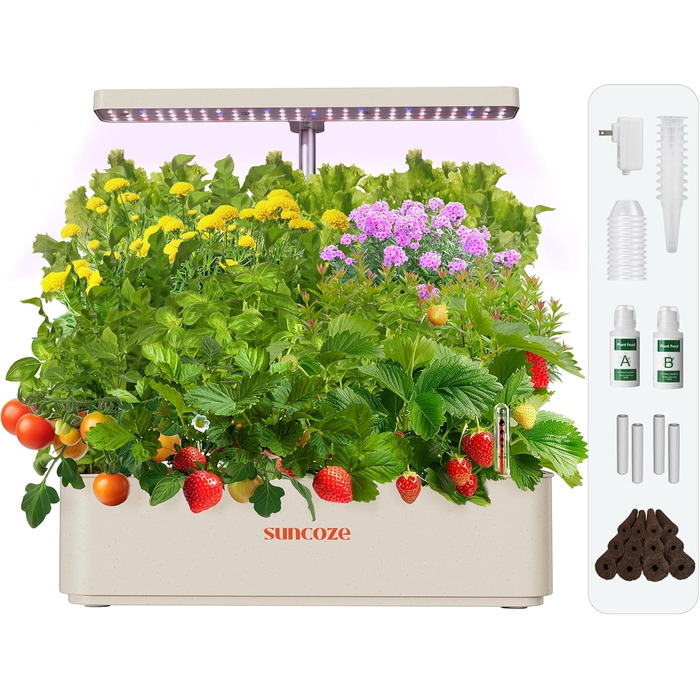 SUNCOZE Гідропонна система вирощування, набір для вирощування трав в приміщенні з LED-освітленням, розумний сад 12 касет, 4л резервуар для води, регульована висота, тиха інтелектуальна помпа, для дому, кухні (Бежевий)