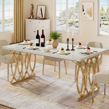 Білий обідній стіл 160x80 см з металевим каркасом та стільницею з акрилового каменю (Kunstmarmor) - для їдальні та кухні