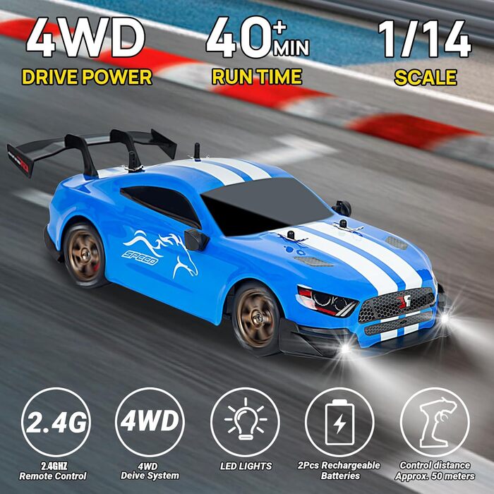 RC Автомобіль для дрифту 1:14 4WD, радіокерування, синій - іграшка для дітей та дорослих