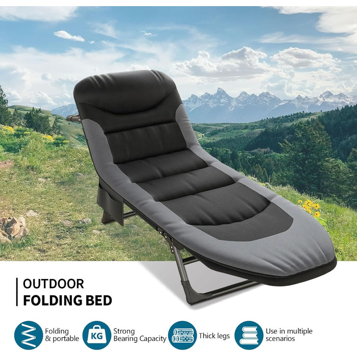 Розкладне кемпінгове ліжко-шезлонг XXL чорне, посилене польове ліжко з регульованою спинкою для відпочинку, рибалки та саду