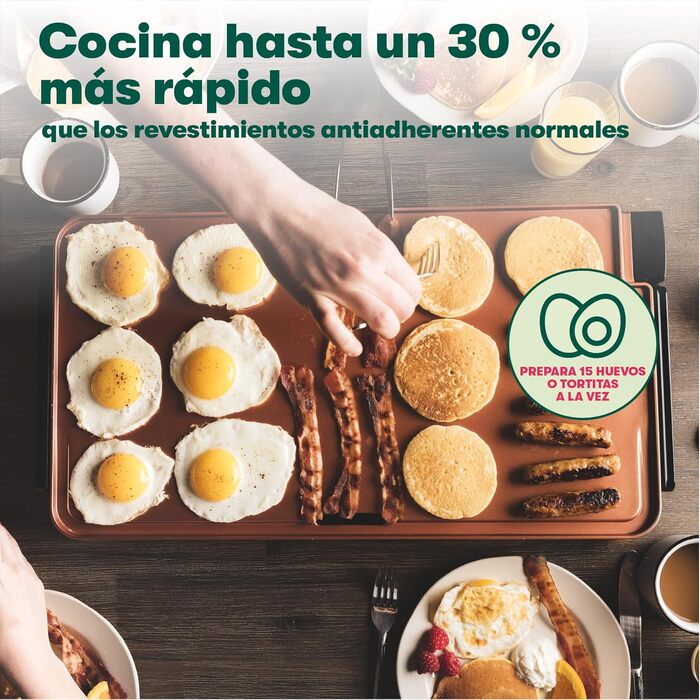 Електрична гриль-плита BELLA XL з керамічно-титановою поверхнею, для приготування 15 яєць одночасно, з антипригарним покриттям Healthy-Eco, легко миється, велика вмикаючася поверхня для приготування, 30,5 x 56 см, колір: мідний/чорний