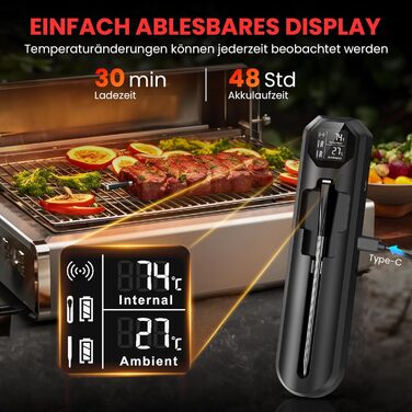 Бездротовий термометр для м'яса Maxtachі з Bluetooth, IP67, 150м, для гриля, BBQ, духовки, коптильні, ротисерії, чорний