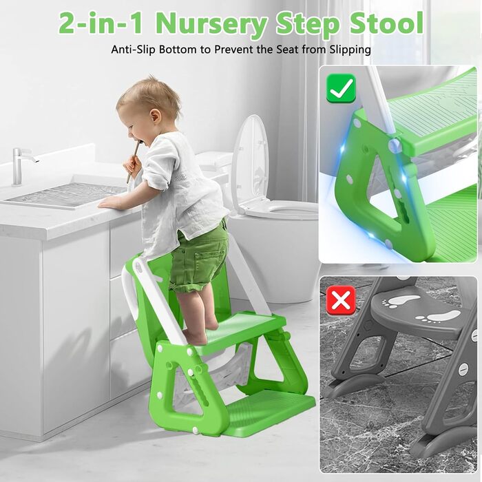 Дитяче сидіння на унітаз зі сходинками 2-в-1: з м'яким сидінням, регульована висота, складаний тренажер для привчання до туалету, нековзне покриття