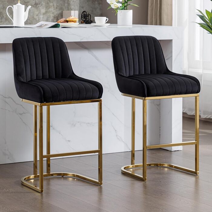 Набір з 2 барних стільців з велюру з золотистими металевими ніжками, м'яке сидіння, зі спинкою, без підлокітників для кухонної зони/домашнього бару (Чорний)