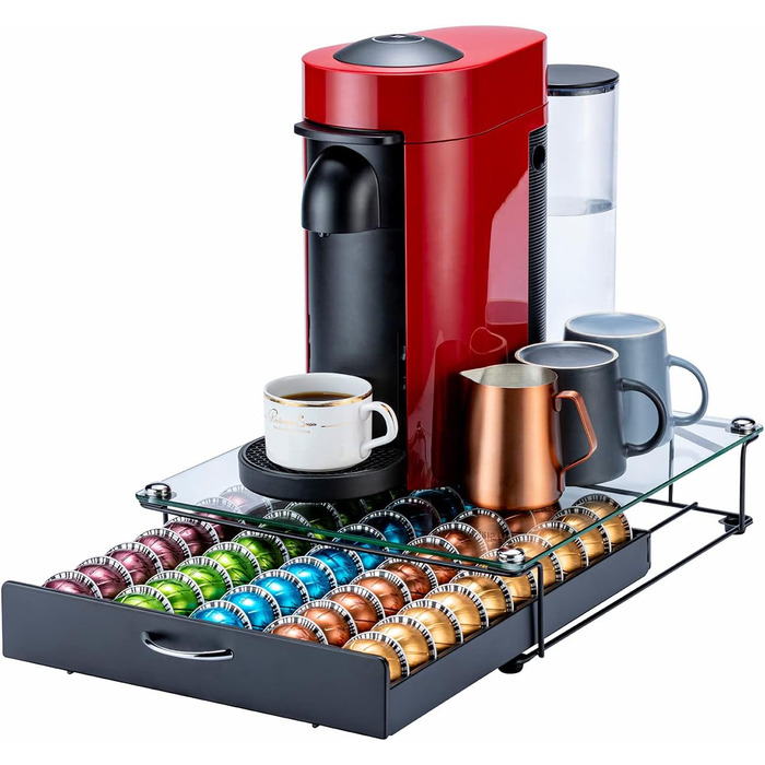 Організатор для капсул Nespresso Vertuo: металевий підставка на 50 капсул, чорний колір, зі скляною кришкою