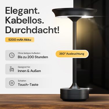 LED настільна лампа Designgold бездротова - стильний дизайн з акумулятором та USB-C - 3 кольори світла та регулювання яскравості - бездротова свобода для використання в приміщенні та на вулиці - акумуляторна, чорна