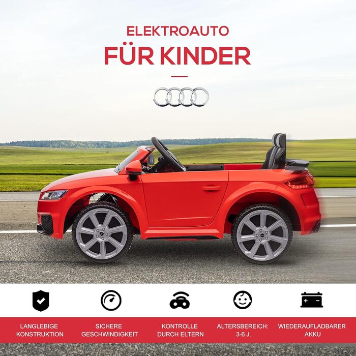 Дитячий електромобіль HOMCOM 12V, з пультом, музикою, USB/MP3, LED, для дітей 3-5 років, червоний