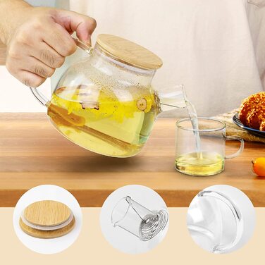 Скляний чайник AdelDream з заваркою, скляний чайник з безпечною плитою, набір для приготування чаю в квіточку і розсипного листя (1200 млпідігрівач чаю) (1 л 4(125 мл))