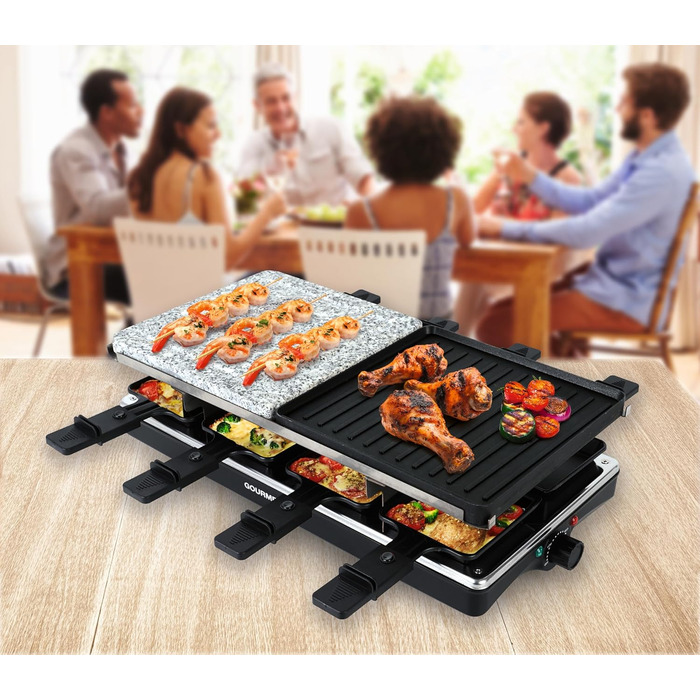 GOURMETmaxx Raclette з Фондю 2-в-1 | Набір для 8 осіб – ідеальний для вечірок | Ракле-фондю комбінація з 8 сковородами, лопатками та виделкою