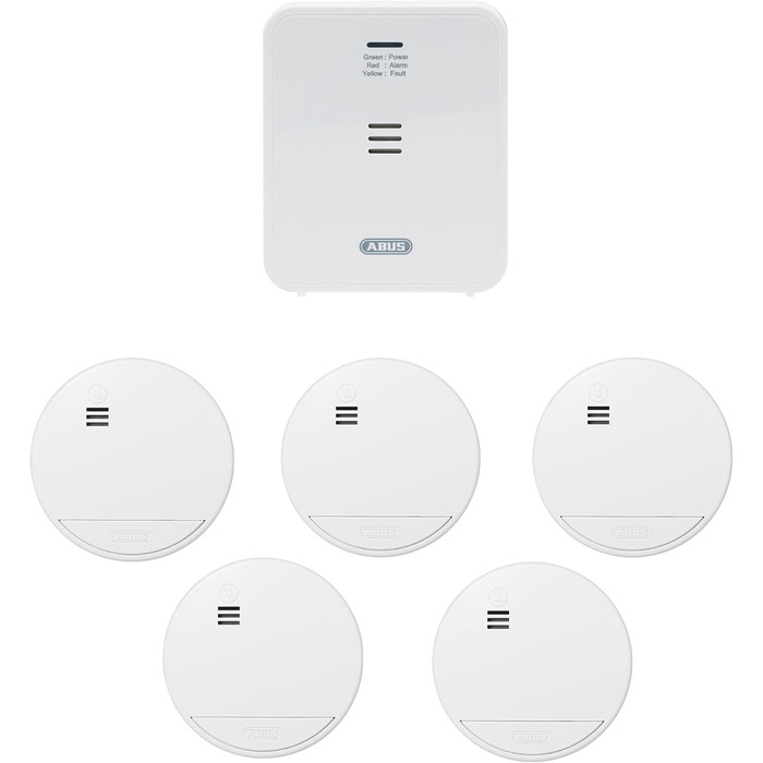Детектор чадного газу ABUS COWM370 - 7 років роботи сенсора, 85 дБ, кнопка тестування, 3 роки батареї, білий, 1 шт. (COWM370 + 5er Set RWM90, без дисплея)