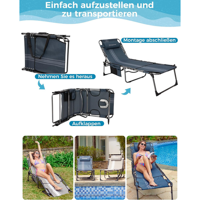 Лежак для відпочинку KingCamp великого розміру, складаний, 5 положень, для саду, кемпінгу, пляжу, 200 x 68 см, сірий, з подушкою та кишенею, до 200 кг