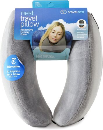 Подушка для шиї Travelrest Nest з Memory Foam - підтримка шиї для подорожей, літаків, довгих поїздок. Ідеально для дорослих, комфорт, знімний чохол - сіра