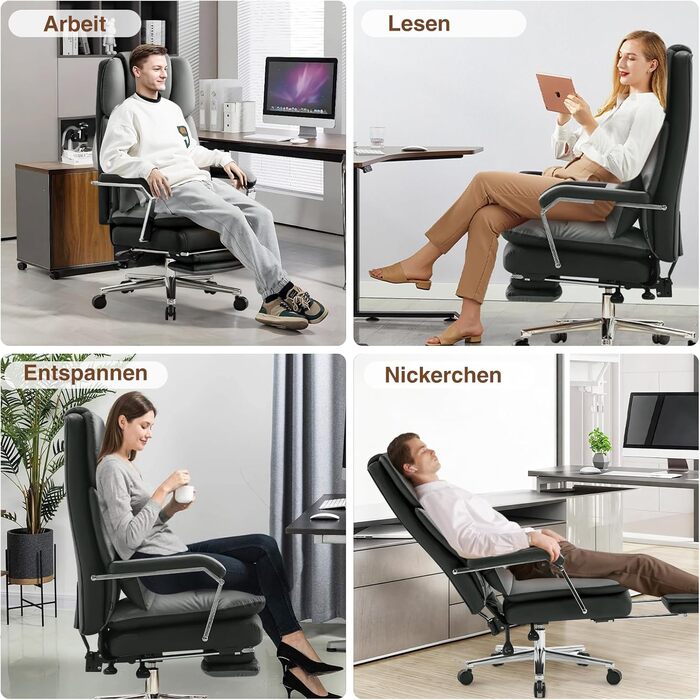 Ергономічне крісло для офісу, шкіра PU, крісло для керівника, 200 кг, з підніжкою та підтримкою попереку, для дому/офісу, регульоване, висока спинка, чорне, 1 шт.