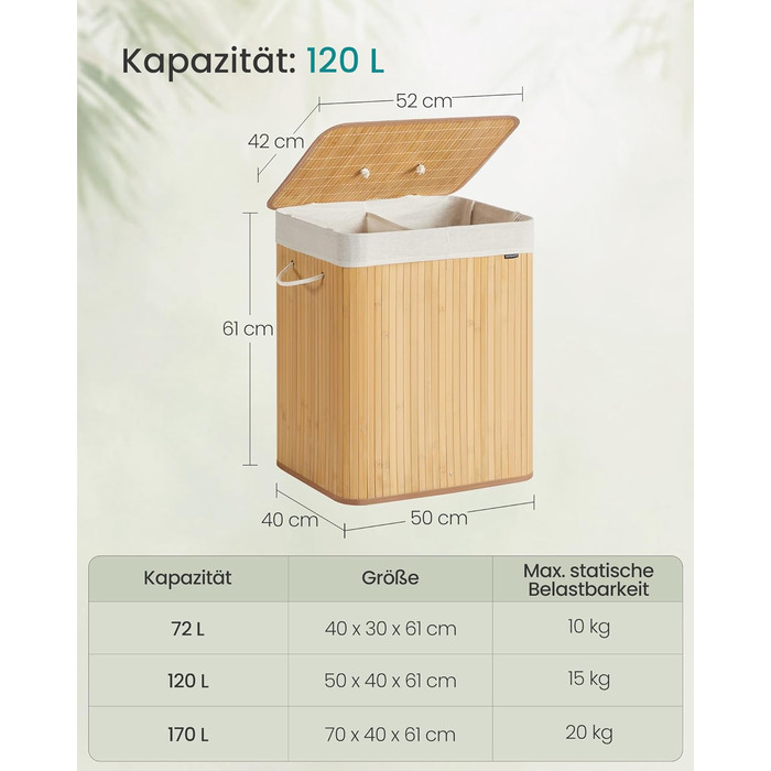 Кошик для білизни SONGMICS з кришкою, 2 відділення, 120 літрів, бамбук, складний, знімний мішок для прання, з ручками, для ванної кімнати, спальні, натуральний колір