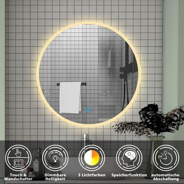 Дзеркало для ванної кімнати Aica LED кругле 50 см, регулювання кольору (холодне/нейтральне/тепле), диммування, функція пам'яті, сенсорне управління, запобігання запотіванню, автоматичне вимкнення (40x40 см)