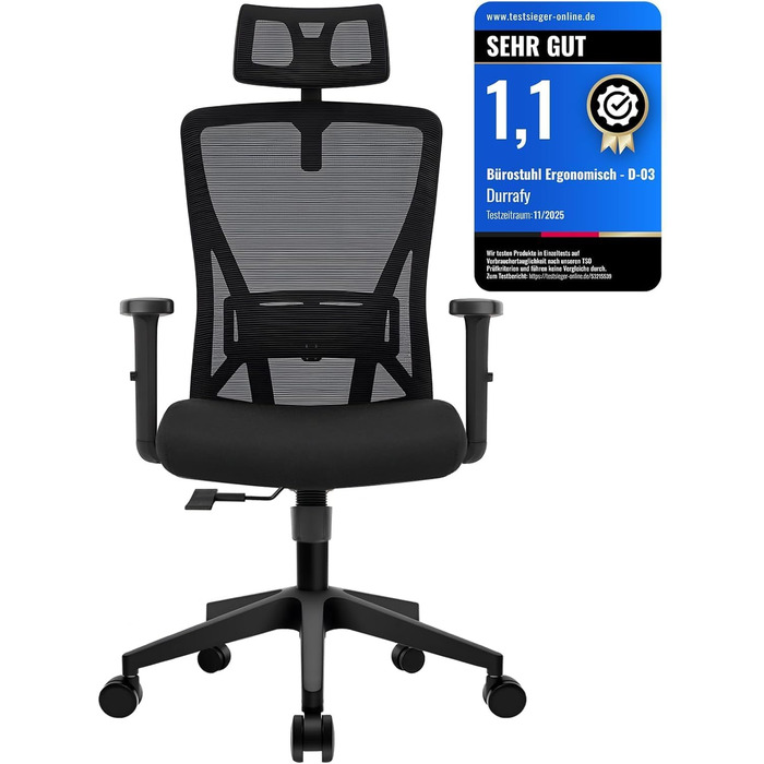 Ергономічне офісне крісло з підголівником та поперековою підтримкою, поворотне, з регульованими підлокітниками, чорне, для дому та офісу