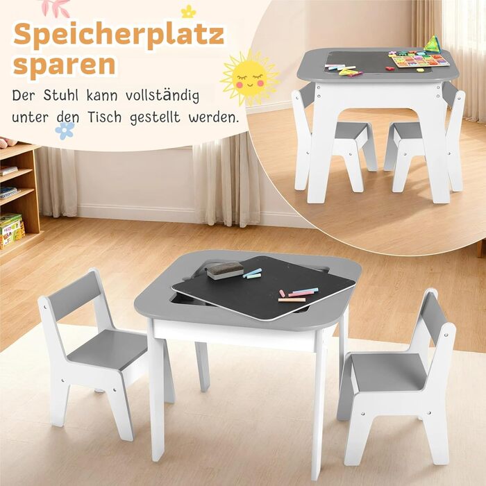 Дитячий стіл та стільці Clevich - комплект для дитячої кімнати (сірий), з місцем для зберігання та дошкою для малювання