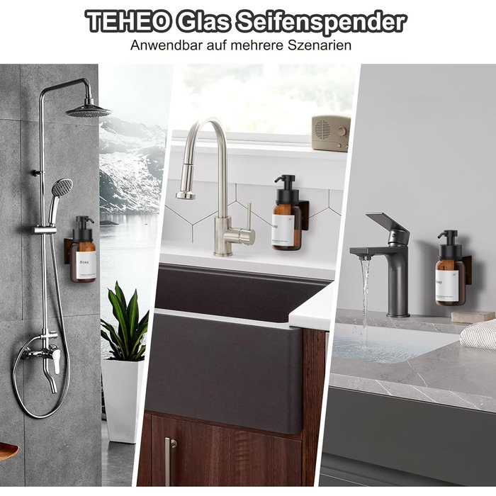 Настінний диспенсер для мила чорного кольору 250 мл - без свердління - для шампуню та гелю для душу