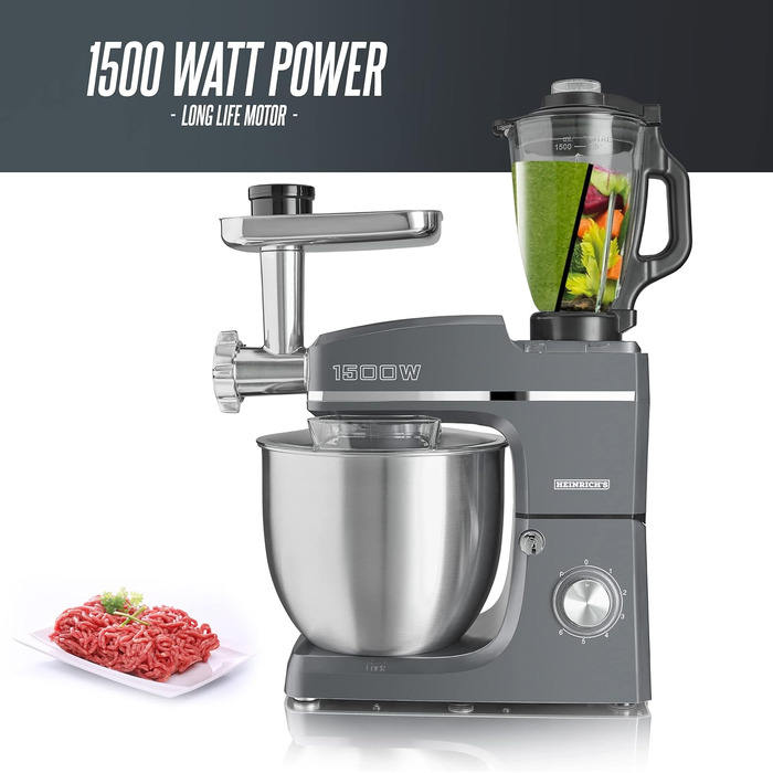 Кухонний комбайн HEINRICHS 3-в-1: міксер, кухонний прилад, м'ясорубка, 1500W, 6 швидкостей, 1.5л, 10л чаша, сірий