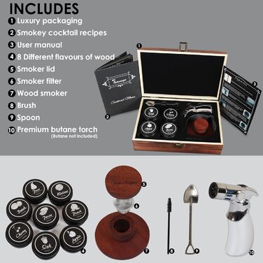 Набір для копчення віскі та коктейлів Smokeologist – 8 натуральних ароматизаторів, подарункова дерев'яна коробка, преміум-пальник на бутані