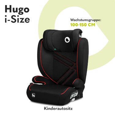Автокрісло Lionelo Hugo R129 (100–150 см) – ISOFIX, 8 положень підголівника, Memory Foam, бічний захист, комфортні підлокітники (Чорно-червоний, I-SIZE)