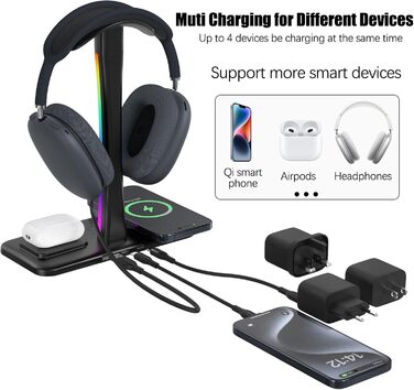 Підставка для навушників з бездротовим зарядним пристроєм, RGB-підсвічуванням, сумісна з Airpod Max, Airpod Pro/3/2, iPhone 16/15/14/13/12/11, Samsung, ідеальний подарунок для геймерів, чорний колір