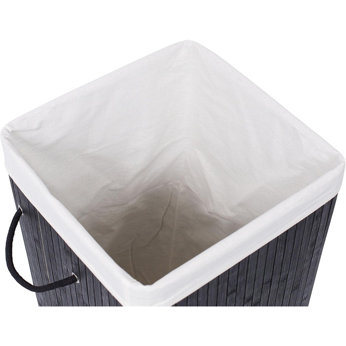 Корзина для білизни BirdRock квадратна з кришкою та підкладкою з тканини, бамбук, чорна, з мотузковими ручками