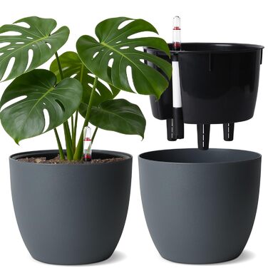 Автополив горщик з індикатором рівня води, 2 шт. - практичний горщик для квітів для зайнятих початківців та садівників, підходить для монстери/розмарину, для дому та саду (сірий, 20 см)