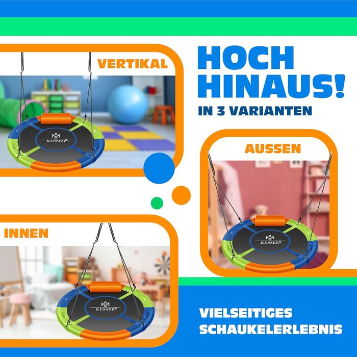 Шоукель KESSER® Tellershaukel Ø 120cm, до 300кг, з подушкою та 4 ручками, регульована, для дітей та дорослих, Indoor & Outdoor, кольорова