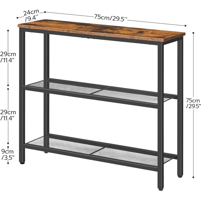 Вузький консольний столик з 2 полицями, вінтажний коричневий і чорний, для передпокою, вітальні, офісу