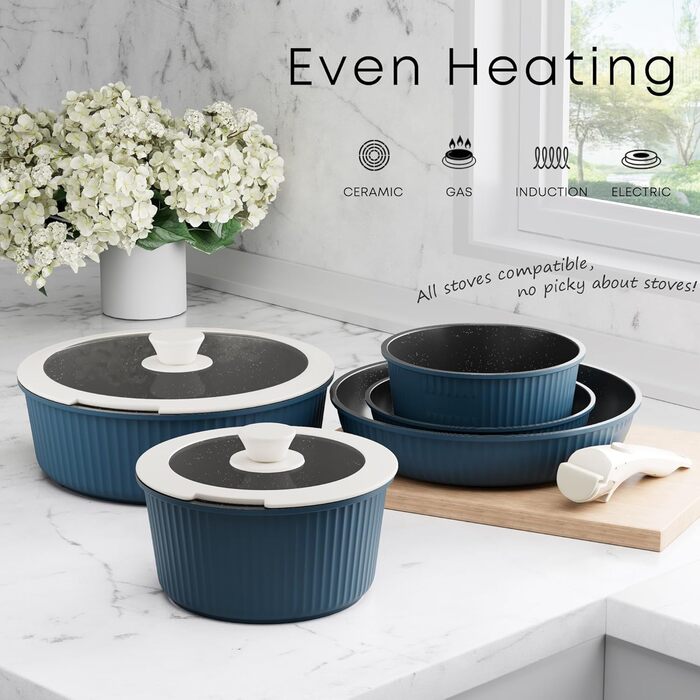 Набір каструль та сковорідок RIOVARM з індукційним дном та знімними ручками, з антипригарним покриттям (граніт), компактний, з силіконовими кришками, без PFOA